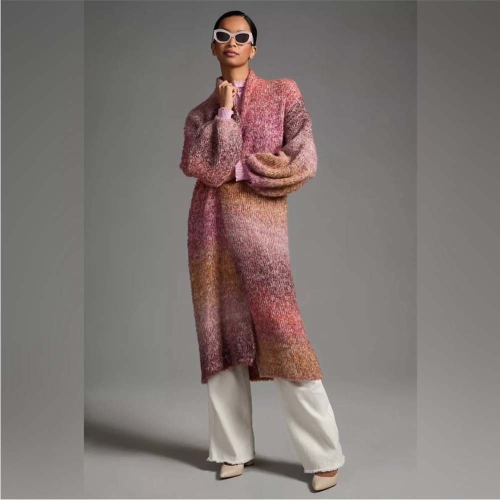 Anthropologie Ombré Knit Duster Blush Pink Sunset Fuzzy Warm One Size NWT - Picture 2 of 14